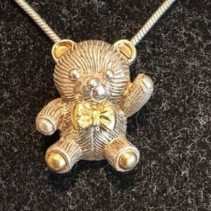 18k Gold Bow Accent  & Silver Teddy Bear Pendant Necklace